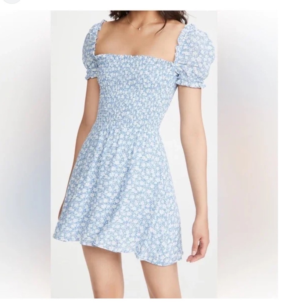 Reformation Orangerie‎ Blue Floral Smocked Mini Dress XL Puff Sleeve Square Neck